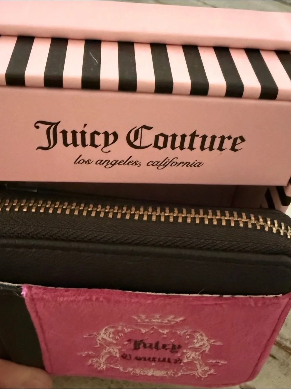 Juicy Couture Pink Velvet and Black Faux Leather Card Wallet